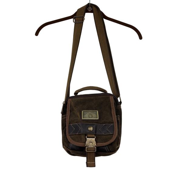 Crossbody Handbag Brown Distressed Canvas Top Zip Adjustable Strap Small - Picture 1 of 9